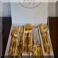 S01c. 40 Piece vintage Ricci goldtone bamboo flatware: includes: 8-5 piece place settings (8 dinner forks, 8 dinner knives, 8 lunch forks, 8 tablespoons and 8 teaspoons), - $325 